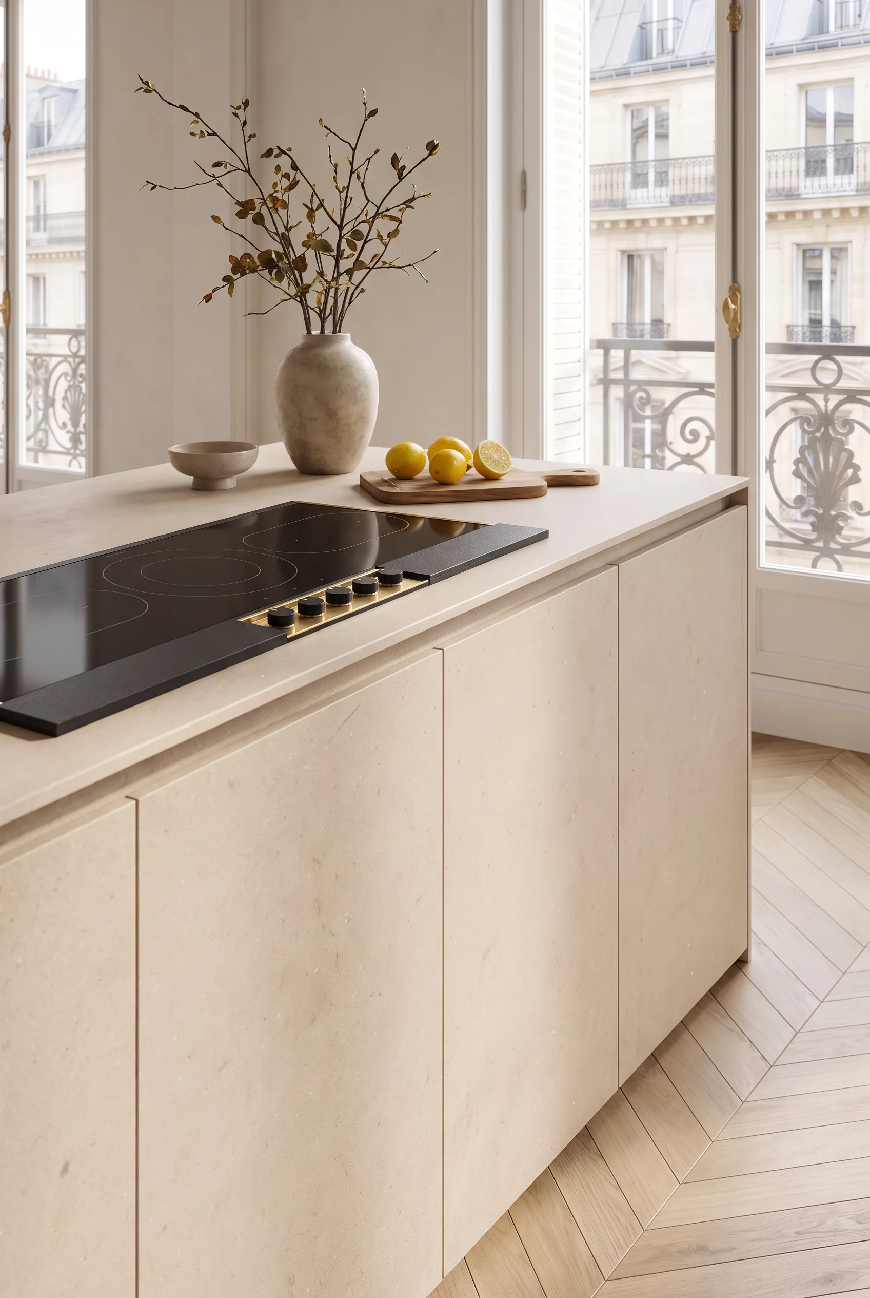 Îlot Monolite aspect pierre claire, plaque de cuisson intégrée, appartement haussmannien