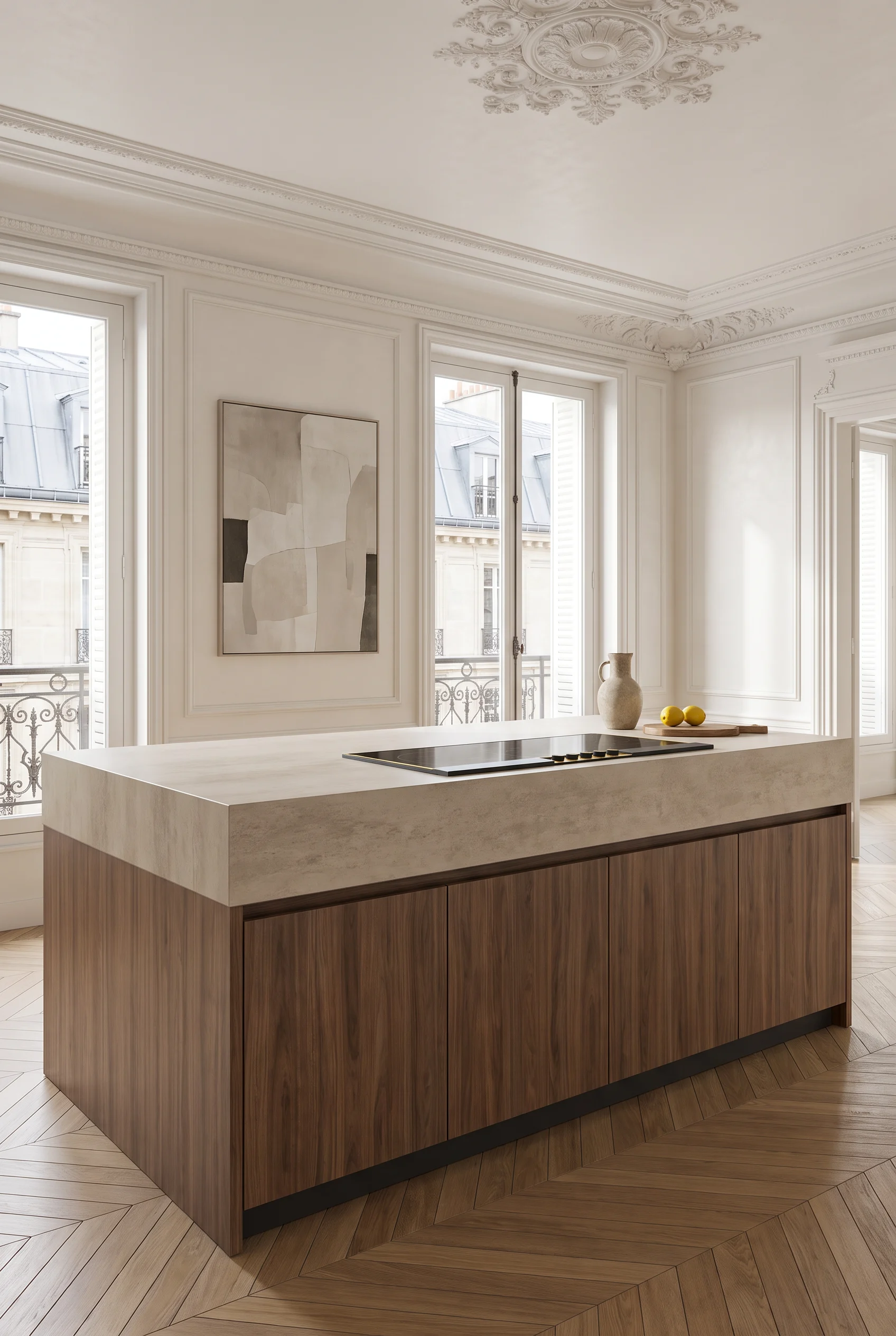 Îlot Pietraviva, plan épais aspect pierre et façades noyer, appartement haussmannien